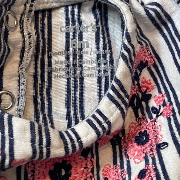 Carter’s girls size 6 months short Romper navy blue & white stripes pink floral - Picture 3 of 5